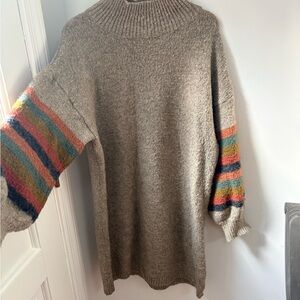 Lush Beige Sweater with Multicolor Striped Sleeves